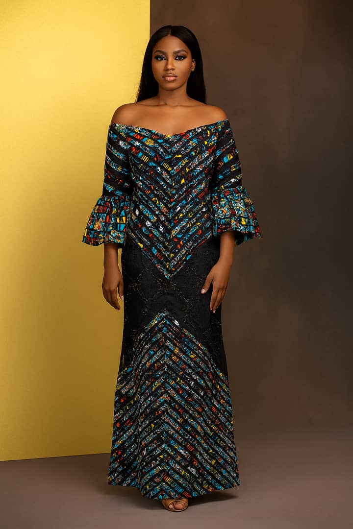 Blue and gold African-inspired floor-length dress